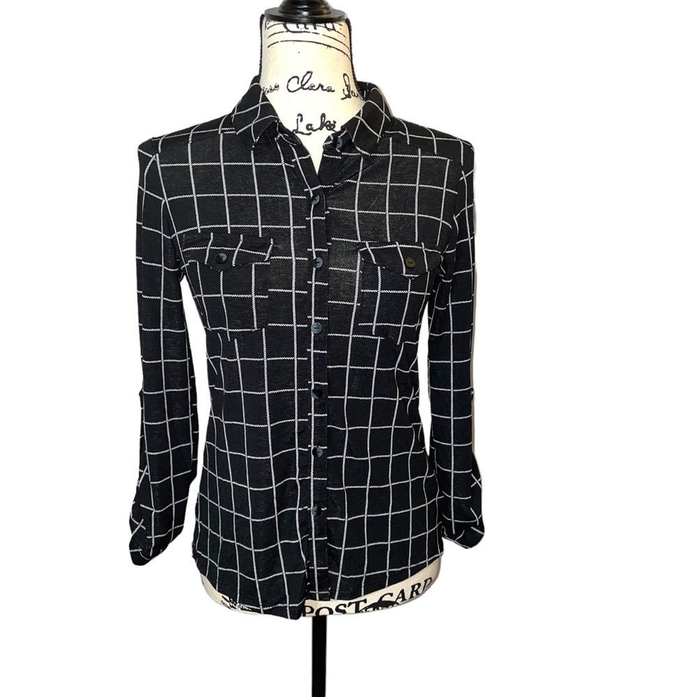 DNA Couture black/white windowpane rope print l/s button down blouse, size S